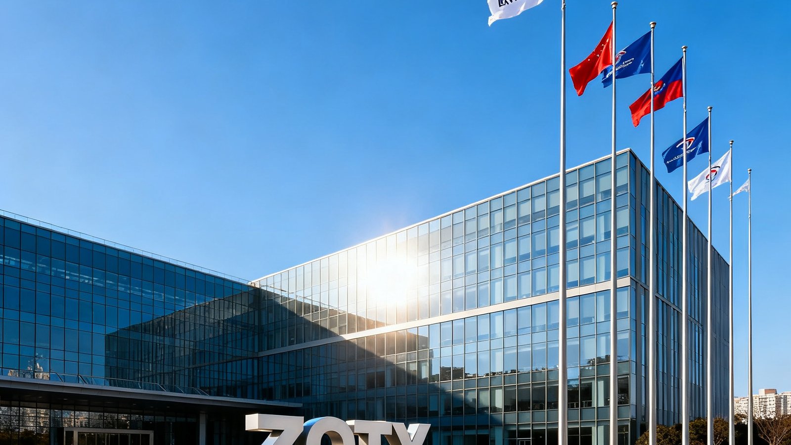zoty中欧体育位于上海浦东的集团总部大楼，楼前广场上立有品牌雕塑，旗帜在晴空下飘扬，彰显企业气魄