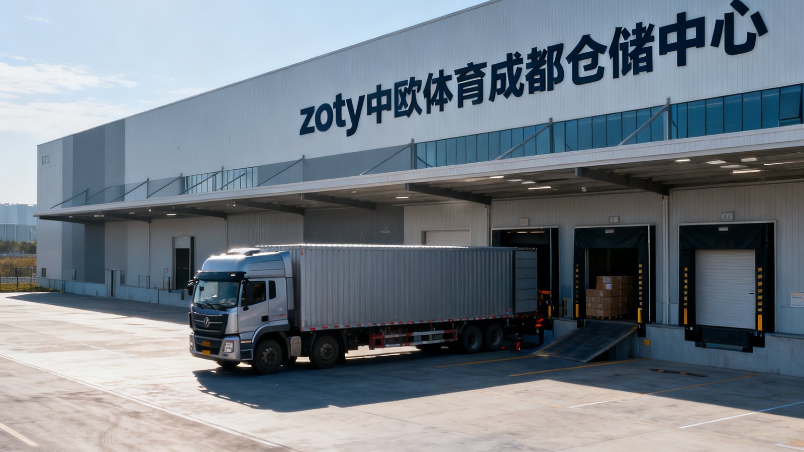 zoty中欧体育成都仓储中心正式启用，大型物流货车正在卸货区作业，仓库外观现代整洁