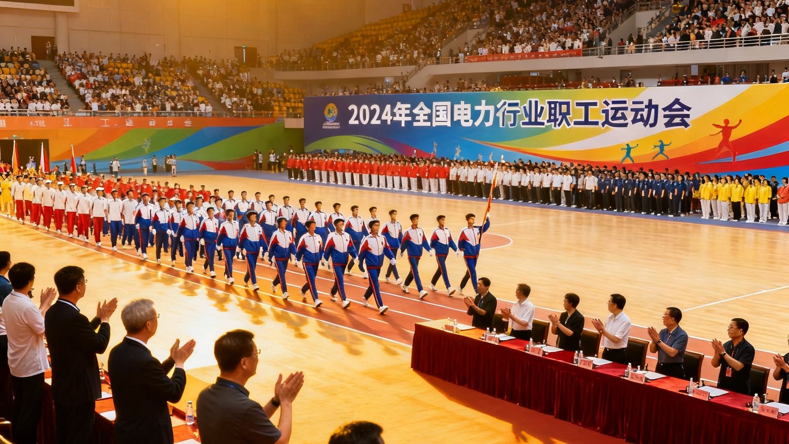 2024年全国电力行业职工运动会开幕式盛况，各代表队方阵整齐入场，主席台上嘉宾鼓掌致意