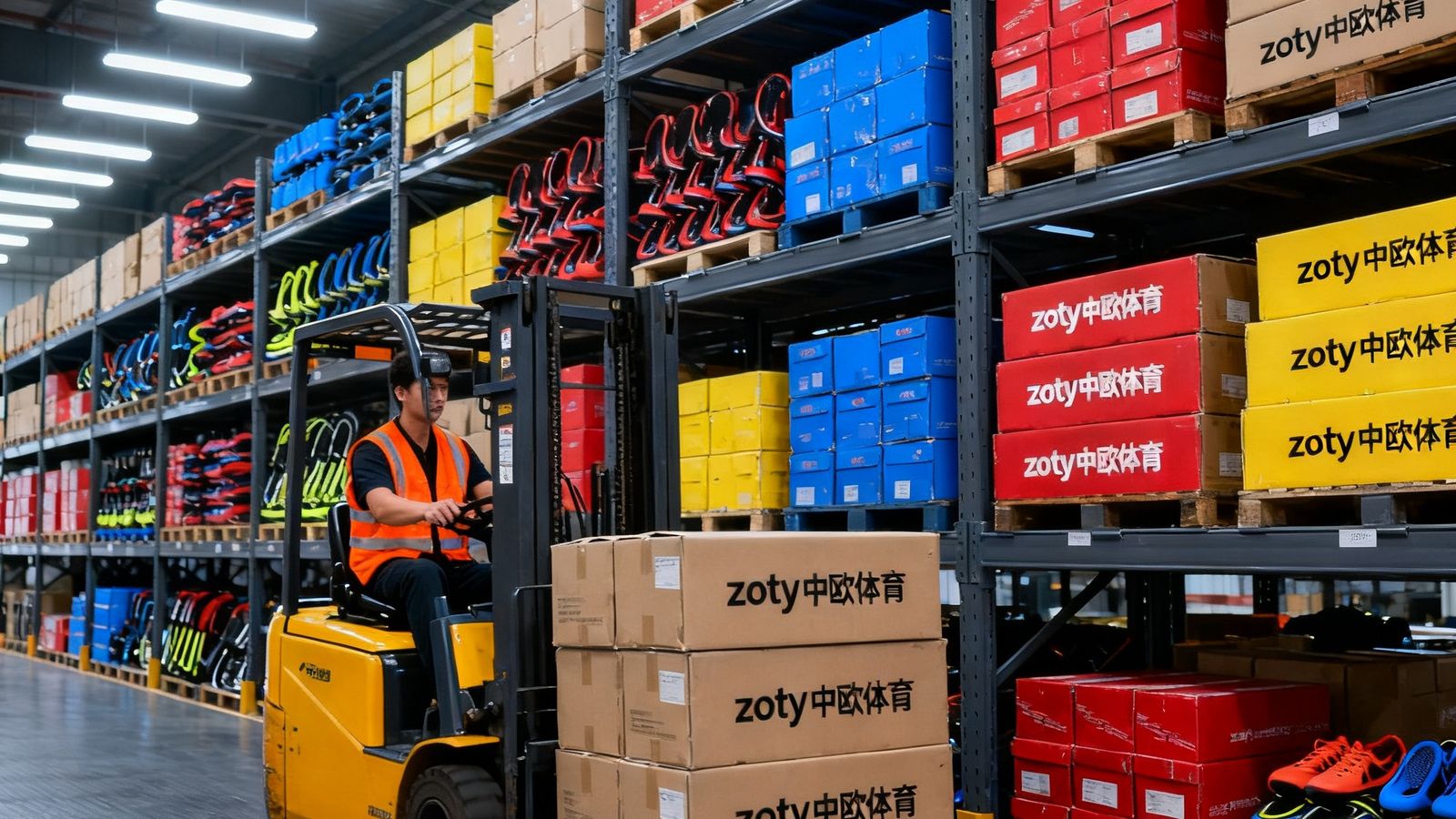 zoty中欧体育仓储物流中心内部，高架货架上整齐码放着各类运动器材纸箱，工作人员正使用叉车进行搬运作业