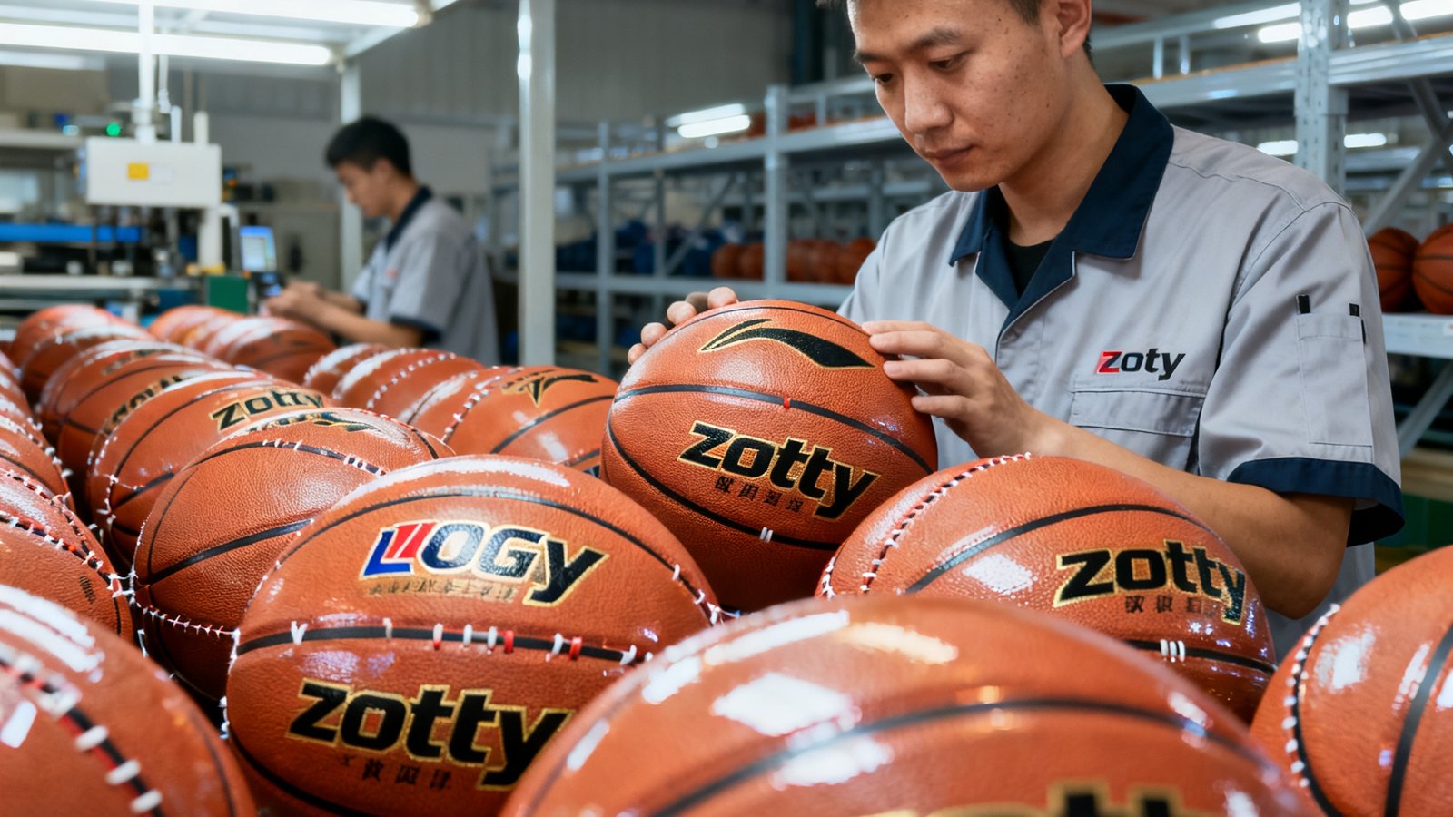 zoty中欧体育定制服务团队在质检区仔细检查一批印有客户企业LOGO的定制篮球，确保每一个细节都符合标准